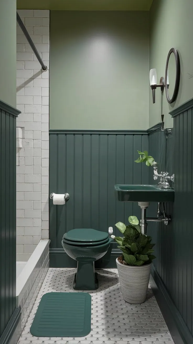 This small guest bathroom proves that big style comes in small packages.  The dark green wainscoting creates a sophisticated backdrop, while the lighter green walls and coordinating fixtures complete the monochromatic green bathroom decor.  Plenty of green guest bathroom ideas are packed into this charming space.