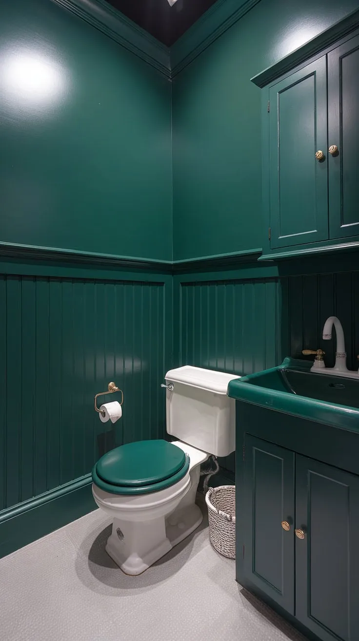This small guest bathroom proves that big style comes in small packages.  The dark green wainscoting and coordinating green bathroom decor create a sophisticated monochromatic green bathroom, showcasing clever green guest bathroom ideas.  The light grey tile floor adds a touch of brightness, perfectly complementing the bathroom wainscoting.