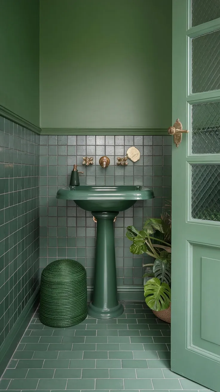 This small guest bathroom proves that big style comes in small packages.  The green wainscoting, complemented by the green tiles and coordinating accessories, creates a sophisticated monochromatic green bathroom.  Explore these green guest bathroom ideas for your own space – the bathroom wainscoting is a stunning focal point.