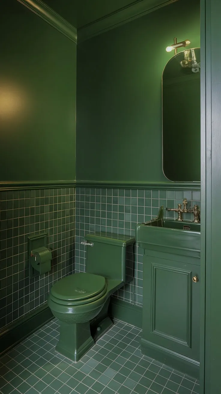 Immerse yourself in the tranquility of this monochromatic green bathroom.  The rich dark green wainscoting and coordinating green tiles create a luxurious atmosphere in this small guest bathroom.  Clever green bathroom decor maximizes space and style, showcasing the beauty of a unified color scheme.  Explore these green guest bathroom ideas for your own home.