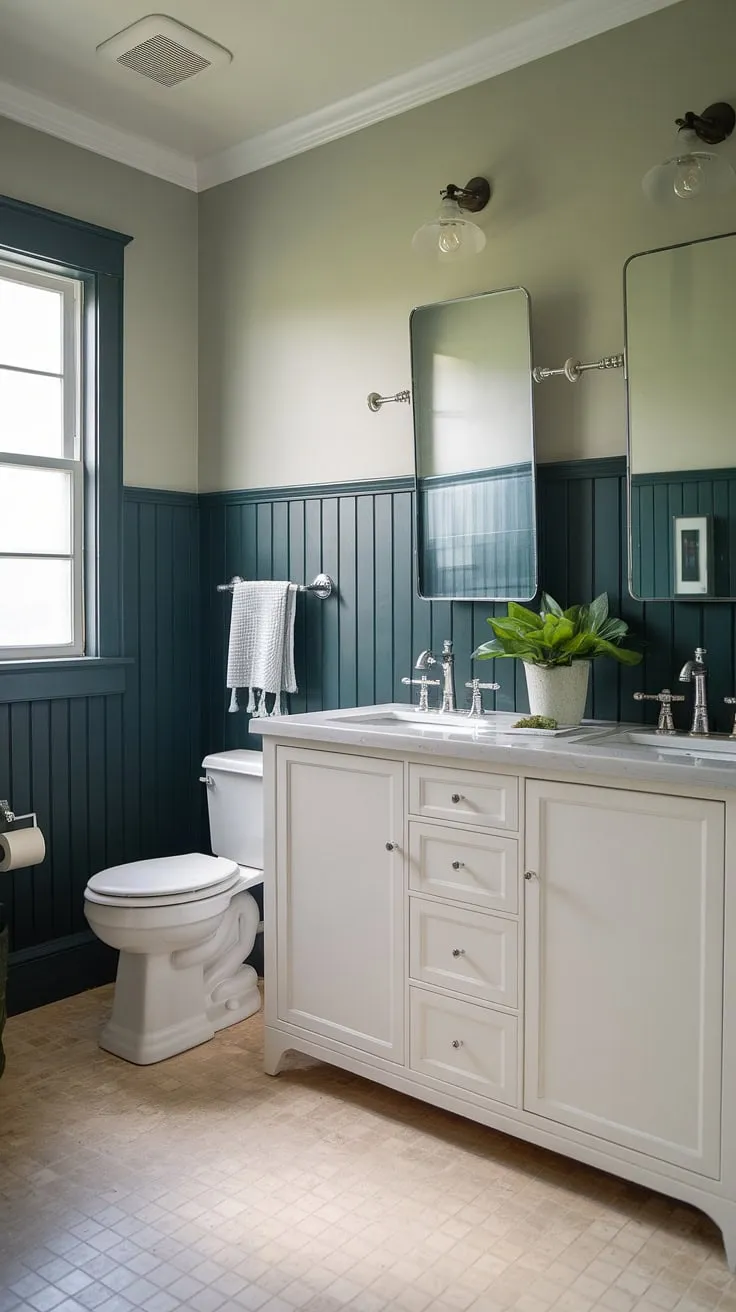 A sophisticated sanctuary awaits! This small guest bathroom boasts stunning dark green wainscoting, a bold choice that elevates the space. The bathroom wainscoting, reaching the ceiling, anchors the monochromatic green bathroom design, offering a wealth of green guest bathroom ideas for those seeking a stylish and functional small guest bathroom.  The subtle contrast with the lighter green walls and white fixtures is simply perfect.