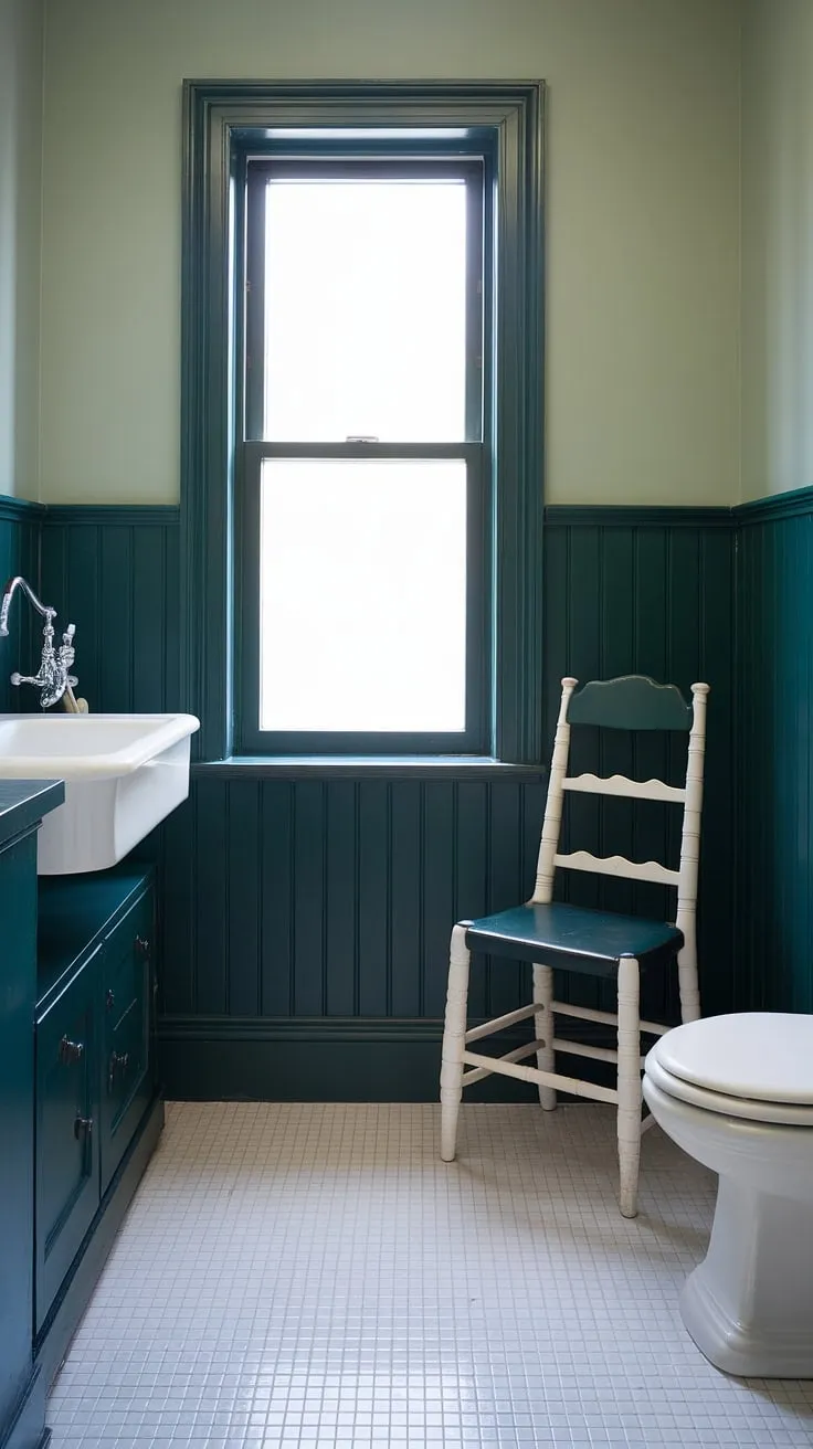 This small guest bathroom proves that big style comes in small packages.  The dark green wainscoting creates a sophisticated backdrop, complemented by the lighter green walls and white mosaic tile floor.  A touch of whimsy is added with the coordinating chair, showcasing the charm of monochromatic green bathroom decor and offering clever green guest bathroom ideas.  The bathroom wainscoting is a stunning focal point.