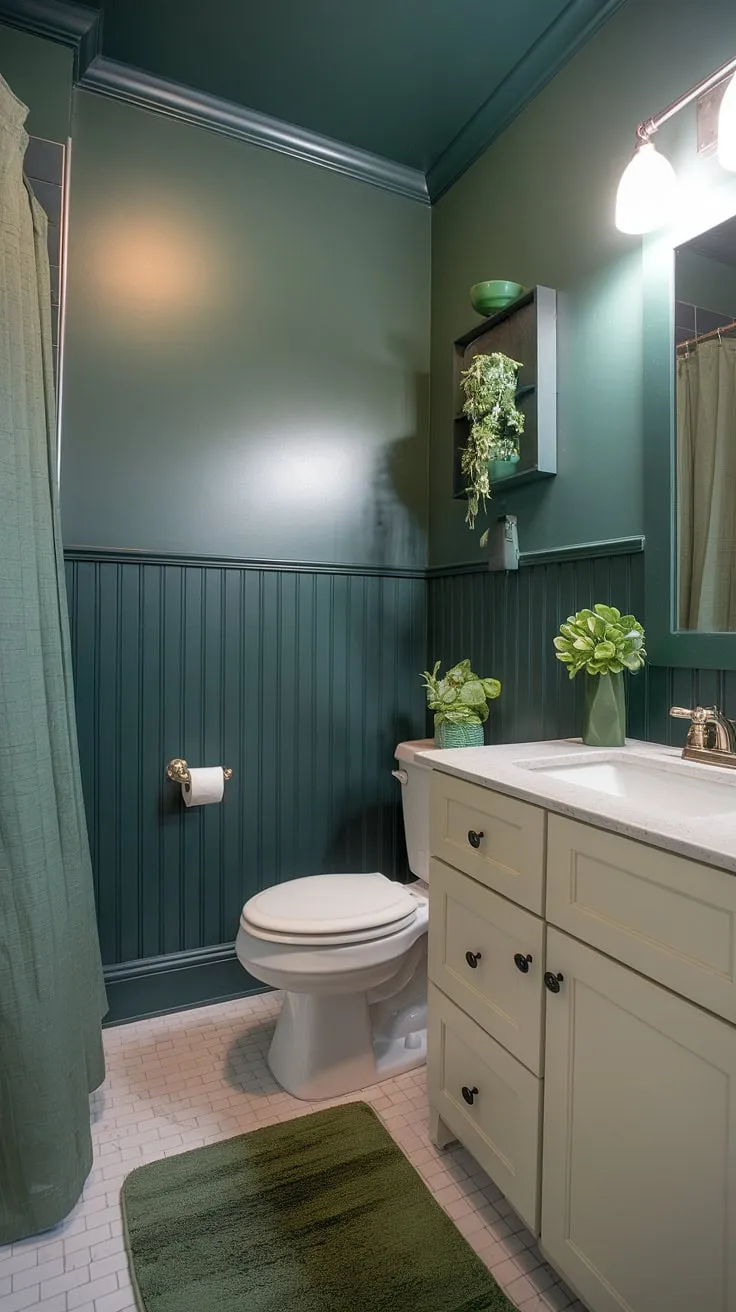This small guest bathroom proves that big style comes in small packages.  The dark green wainscoting creates a dramatic backdrop, while the lighter green above keeps the space feeling bright and airy.  Clever use of green bathroom decor and a monochromatic green bathroom scheme makes this a truly serene retreat.  Perfect green guest bathroom ideas for those seeking a touch of sophisticated charm.