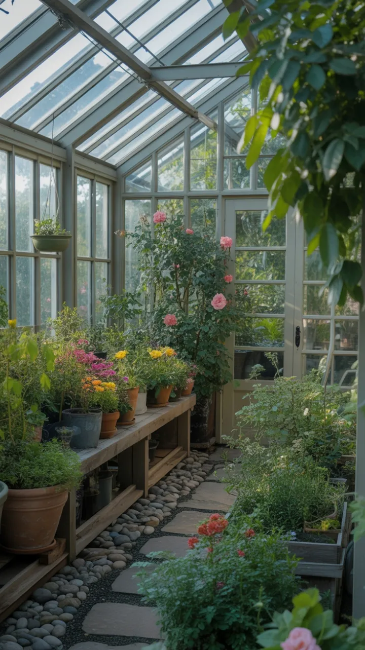 Sunlit Greenhouse Sanctuary of Roses and River-Stone Paths