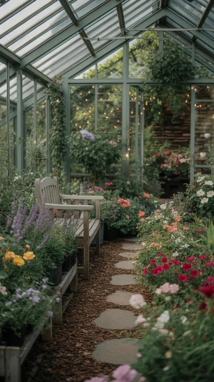 Sunlit Greenhouse Pathway Through a Blooming Secret Garden