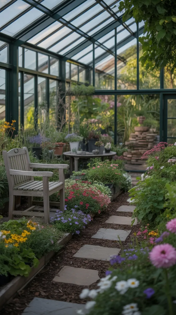 Winding Stone Path Through a Sunlit Greenhouse Oasis