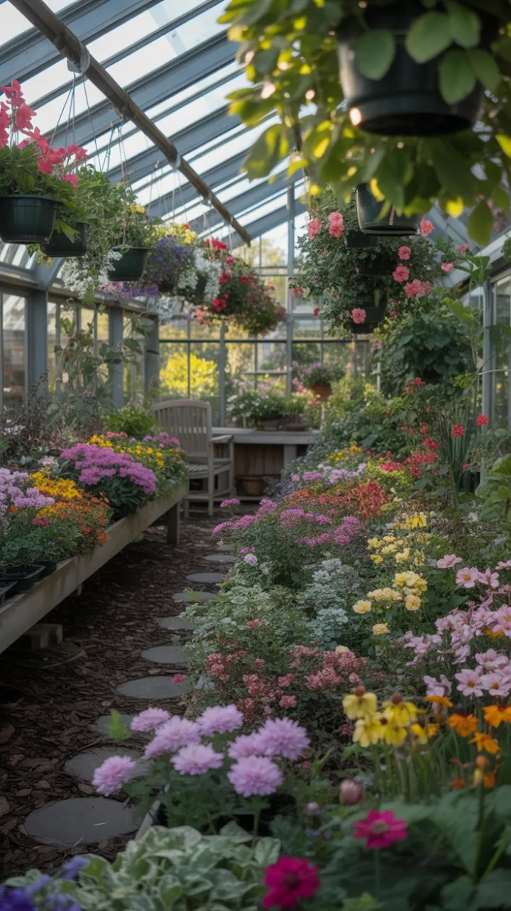 Sunlit Glasshouse of Cascading Blooms