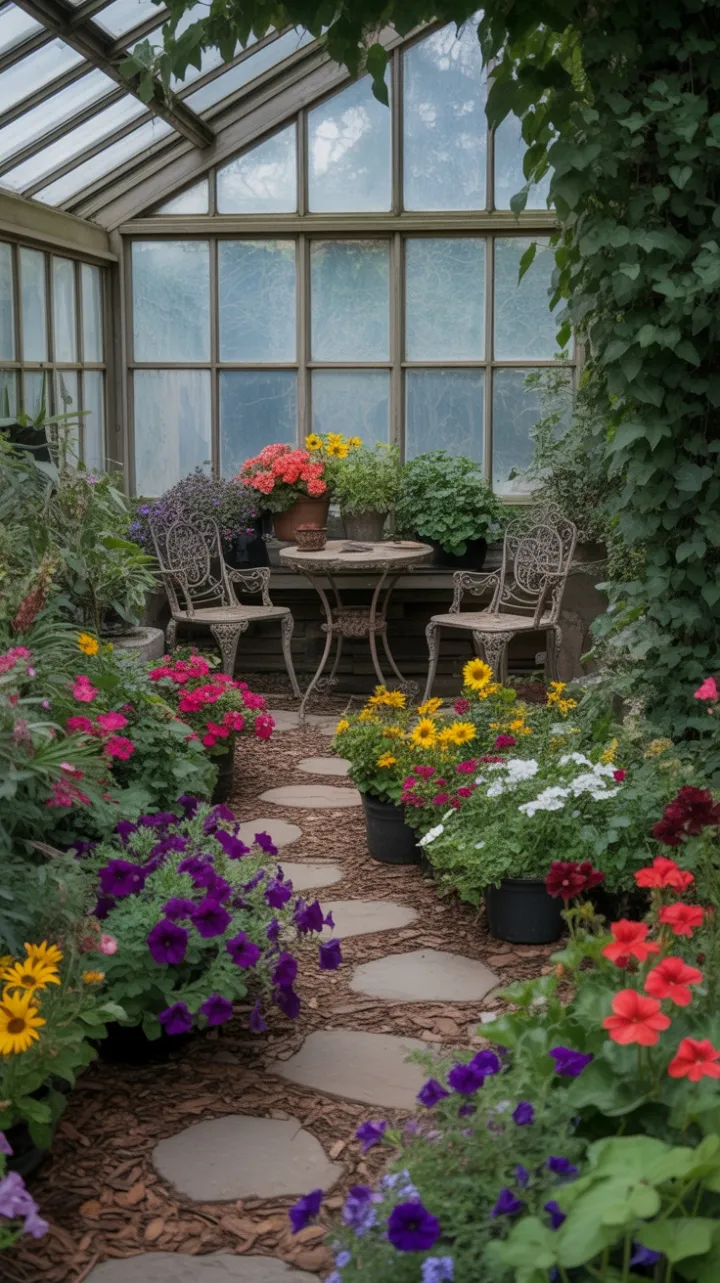 Sunlit Greenhouse Sanctuary Winding Through a Sea of Blooms