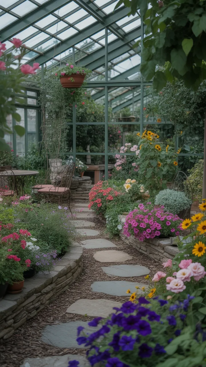 Tranquil Sunlit Greenhouse of Blossoming Color