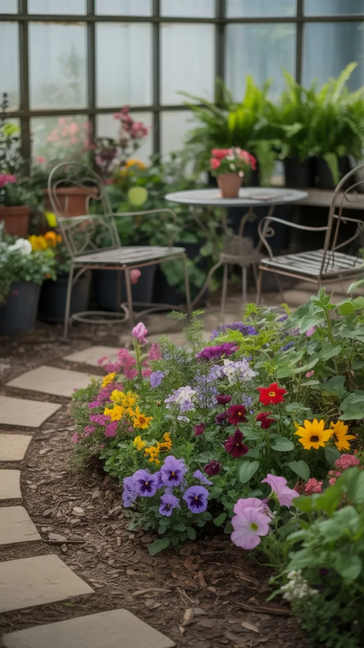 Winding Stone Path Through a Sunlit Greenhouse of Blooms