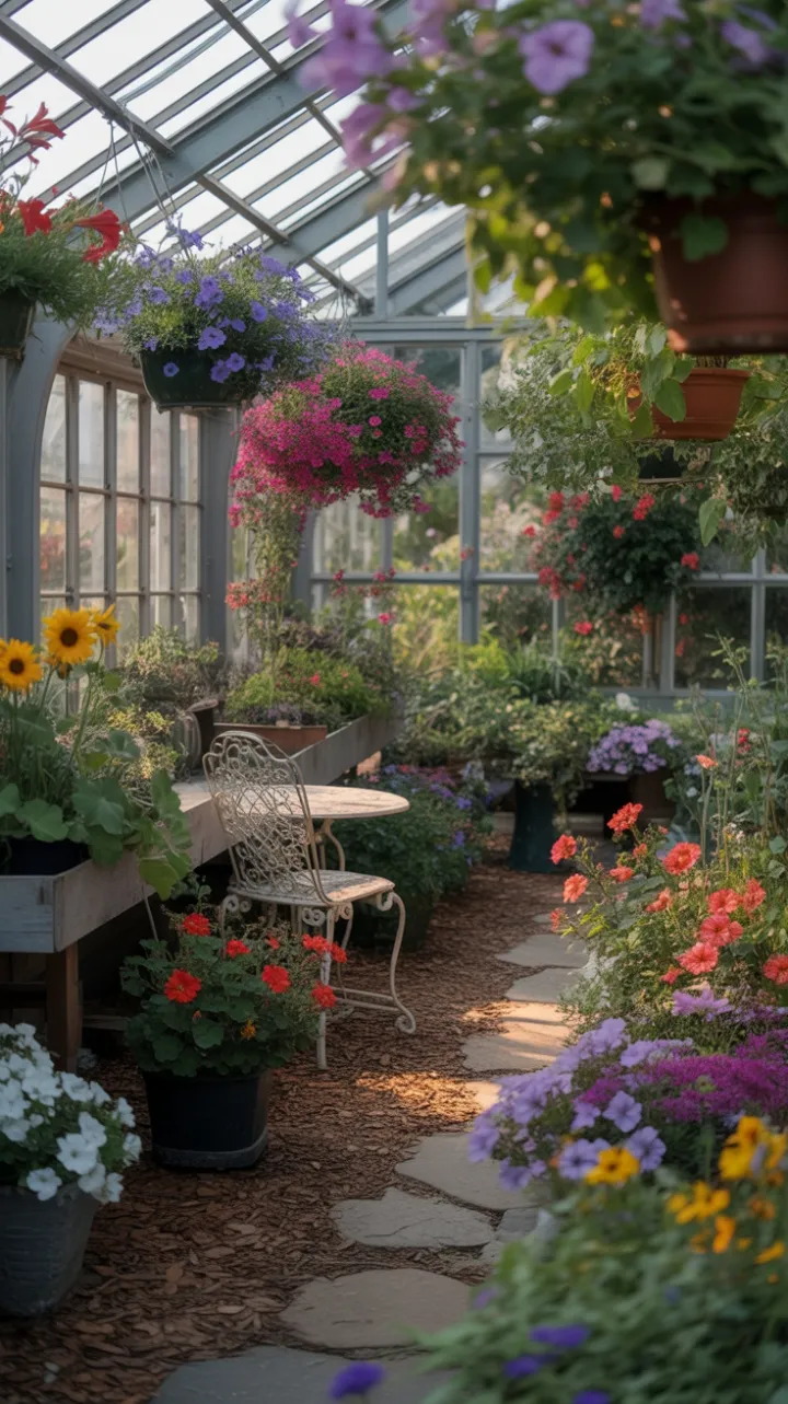Sunlit Greenhouse Sanctuary of Winding Stone Paths and Vibrant Blooms