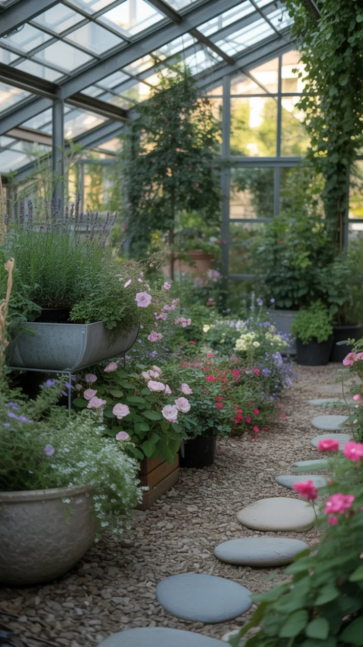 Sunlit Greenhouse Sanctuary of Lavender, Roses, and Cascading Blooms