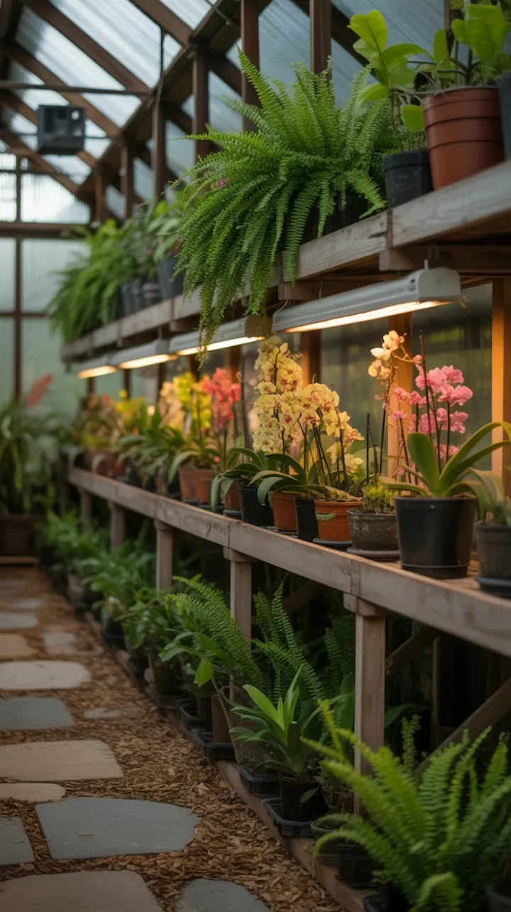 Sunlit Tiered Greenhouse of Ferns and Orchids