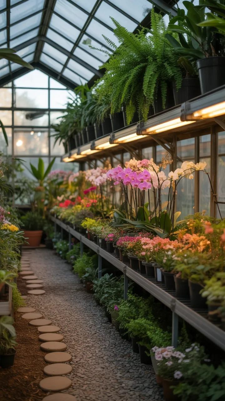 Sunlit Greenhouse Sanctuary of Orchids and Ferns