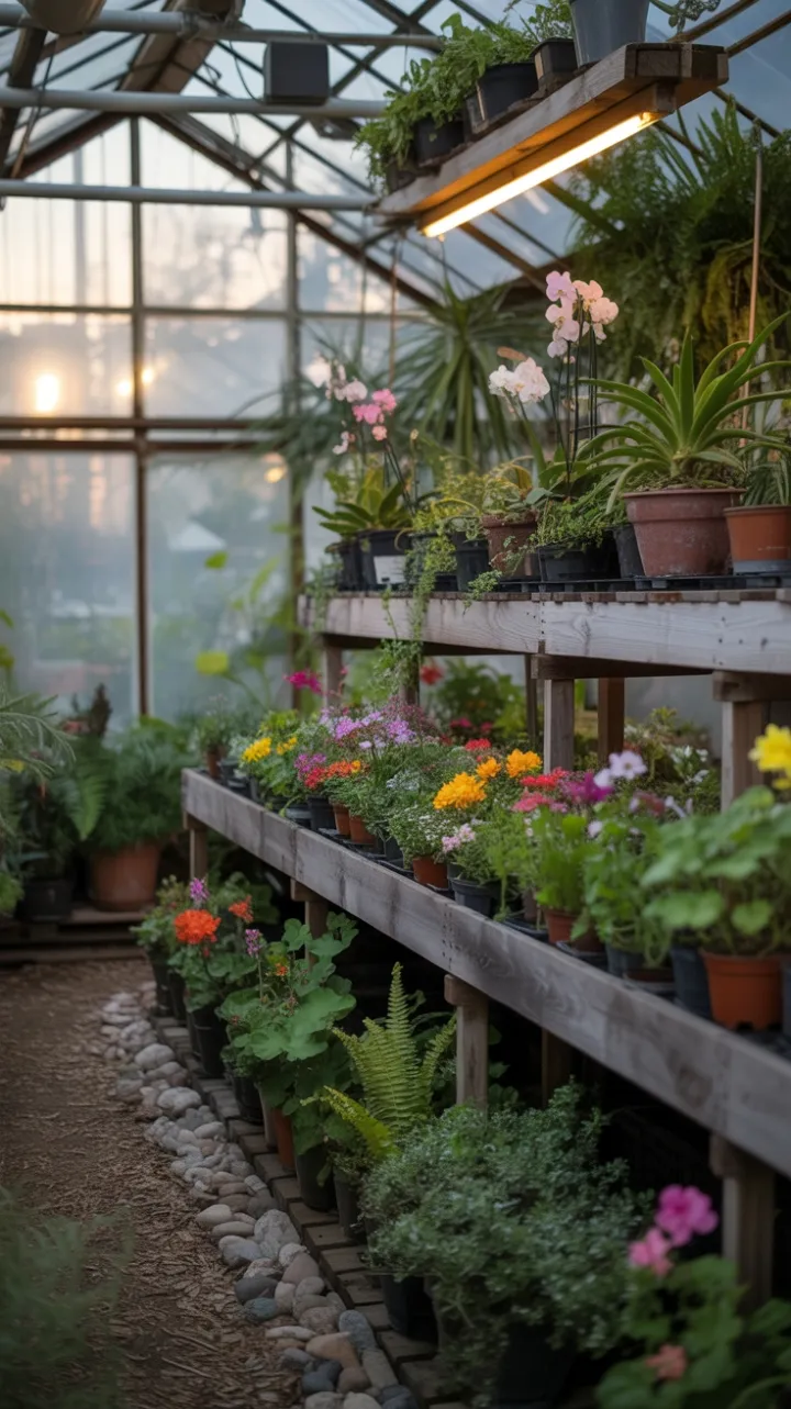 Misted Greenhouse Sanctuary with Tiered Terracotta Blooms