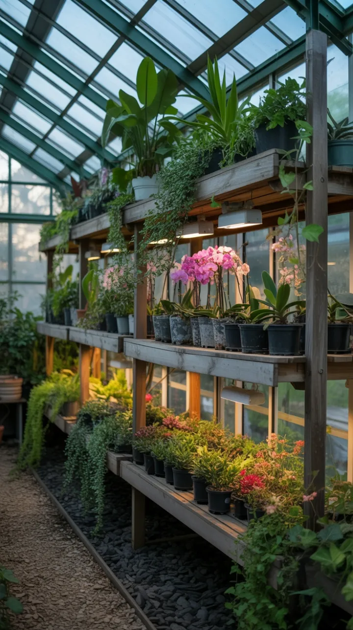 Dappled Glasshouse Oasis Brimming with Orchids and Ivy