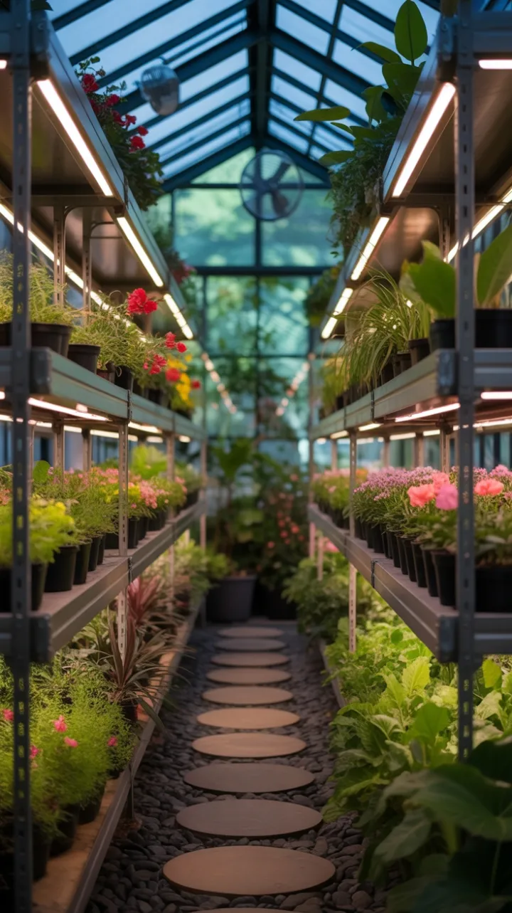 Luminous Oasis in a Tiered Greenhouse of Blooming Life