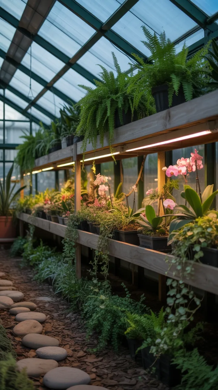Misted Glasshouse Glow with Lush Ferns, Blooming Orchids and Cascading Ivy
