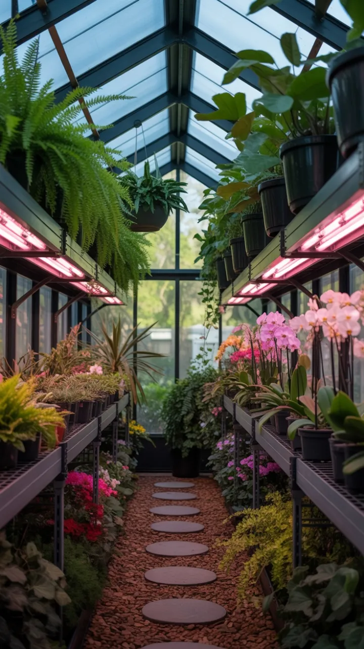 Sunlit Oasis in a Modern LED-Lit Greenhouse