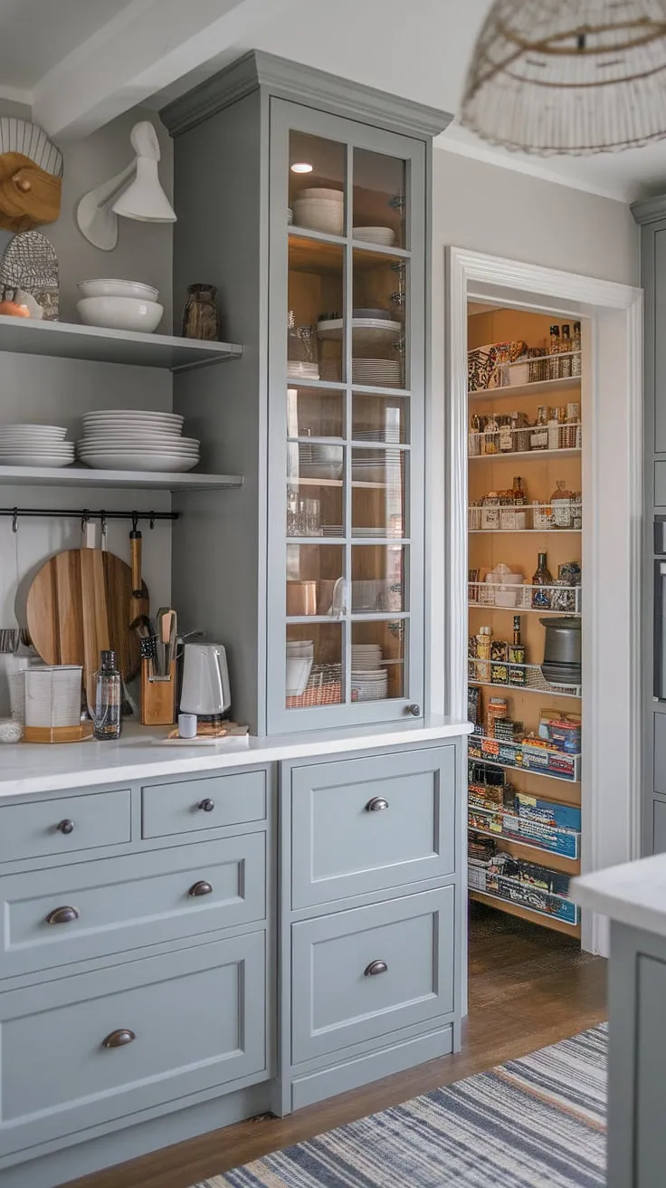 The perfect blend of rustic charm and contemporary style: this grey kitchen (dapur moden) features farmhouse kitchen cabinets (kabinet dapur) and a thoughtfully designed pantry (desain pantry).  A chic dresser adds a touch of unexpected elegance to the hiasan dalaman dapur, making this model dapur a true showstopper.  The grey kitchen designs are simply breathtaking.