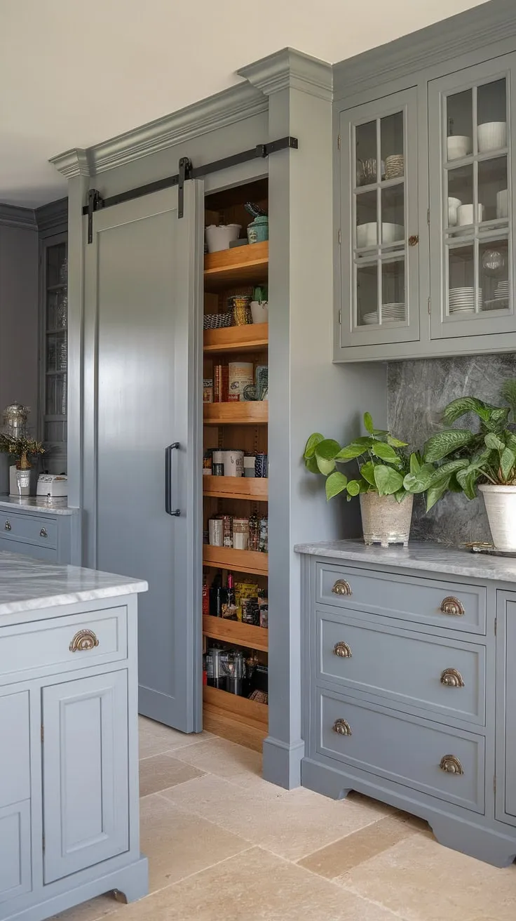 A stunning example of dapur moden, this grey kitchen boasts a chic dresser and grey marble surfaces that exude understated luxury.  The clever desain pantry and farmhouse kitchen cabinets contribute to the overall harmonious feel.  This model dapur is a testament to the beauty of grey kitchen designs, with its thoughtful hiasan dalaman dapur and calming beige tile floor.