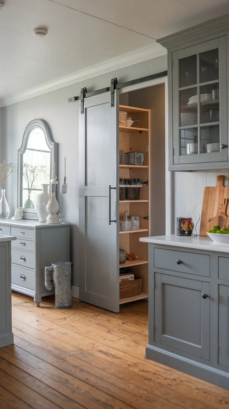 This grey kitchen is the epitome of modern farmhouse style.  The chic dresser and mirror add a touch of elegance, while the thoughtful desain pantry and kabinet dapur offer both style and functionality.  This model dapur showcases the best of grey kitchen designs, with farmhouse kitchen cabinets completing the look.  The hiasan dalaman dapur is perfectly balanced, creating a space that's both beautiful and practical.