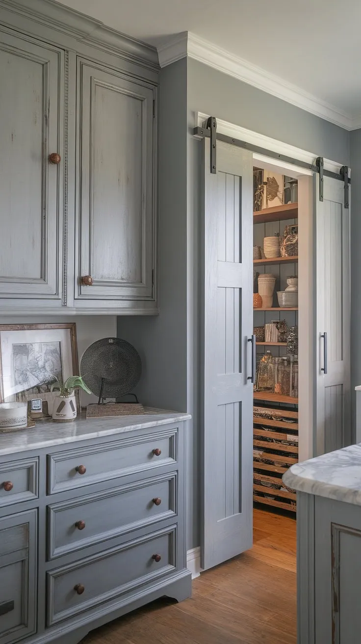 This grey kitchen seamlessly blends modern design with rustic charm.  The farmhouse kitchen cabinets, chic dresser with marble top, and cleverly designed pantry with a sliding barn door create a sophisticated yet inviting space.  A perfect model dapur showcasing the best of grey kitchen designs and hiasan dalaman dapur.  The attention to detail, from the wooden knobs on the kabinet dapur to the carefully chosen decorative items, elevates this dapur moden to a new level of elegance.