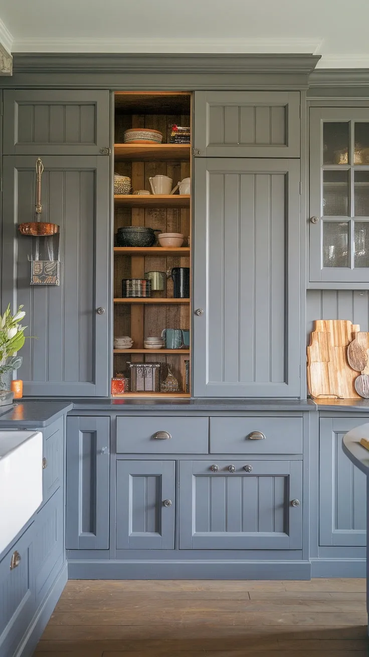 A dream dapur moden! This grey kitchen's farmhouse kitchen cabinets and chic dresser create a space that's both stylish and functional.  The desain pantry maximizes storage, while the hiasan dalaman dapur adds a unique touch.  These grey kitchen designs are the epitome of modern elegance, complete with beautiful kabinet dapur and warm wooden flooring.