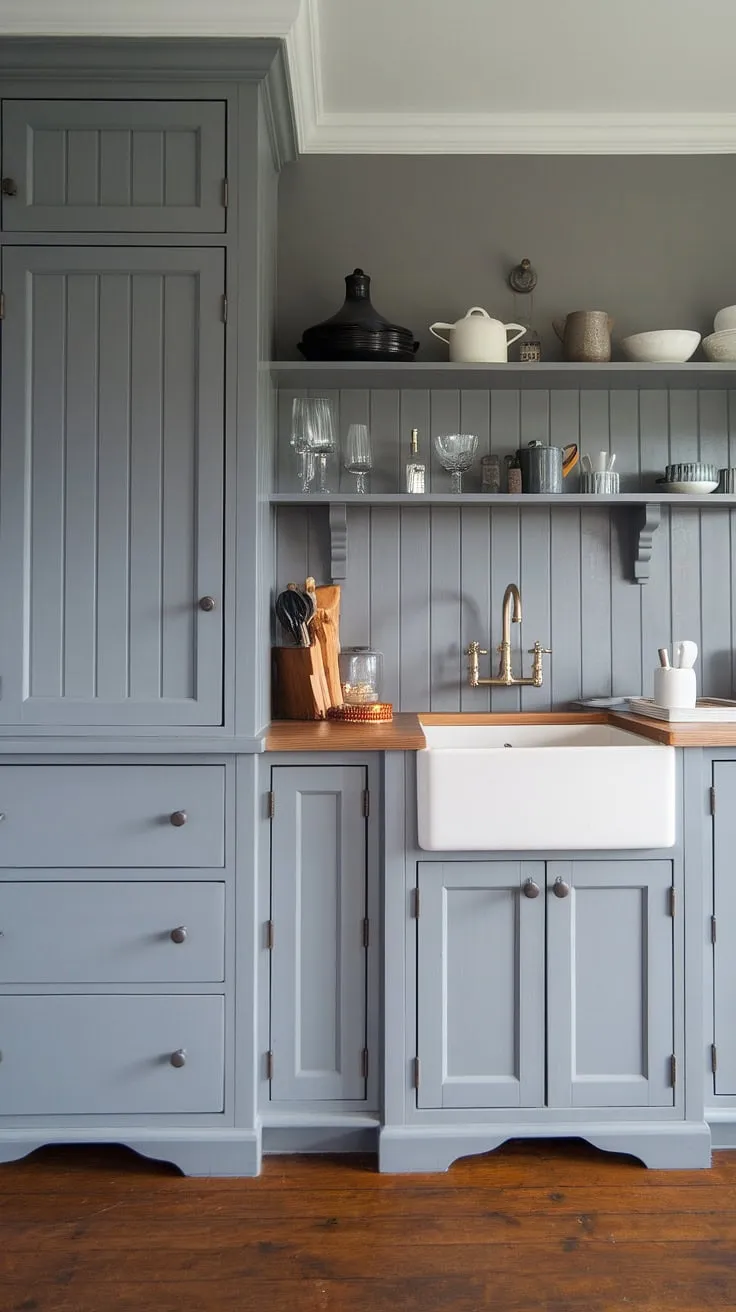 A stunning example of dapur moden, this grey kitchen boasts a sophisticated blend of style and functionality.  The hiasan dalaman dapur is expertly curated, featuring a chic dresser, thoughtful desain pantry, and beautiful farmhouse kitchen cabinets.  The grey kitchen designs are flawlessly executed, creating a space that is both elegant and inviting.  The kabinet dapur are the perfect complement to the overall aesthetic.
