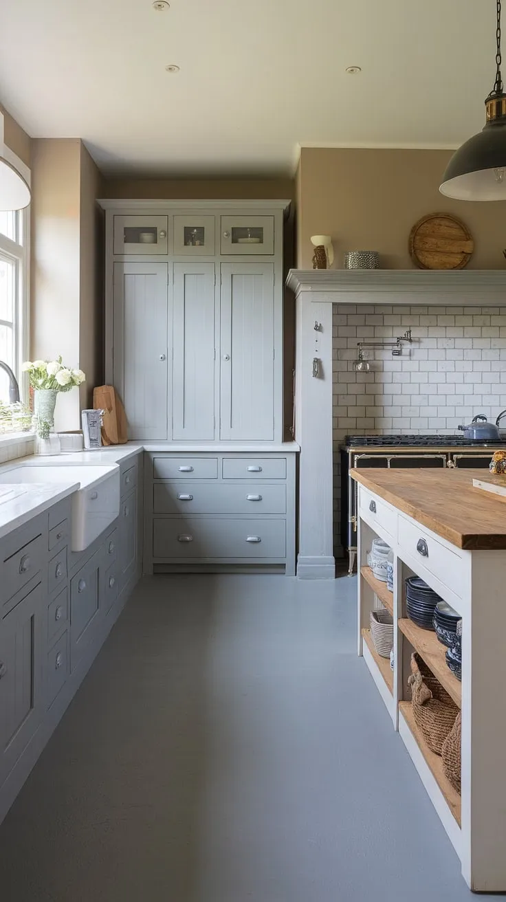 This modern farmhouse kitchen boasts a stunning blend of style and functionality.  The grey kitchen cabinets, complemented by a chic dresser and a thoughtfully designed pantry, create a sophisticated atmosphere.  The grey kitchen designs are perfectly executed, showcasing the beauty of grey kitchen cabinets in a dapur moden setting. The white island with a wooden top adds a touch of warmth, while the farmhouse sink and stove complete this dream model dapur.  The hiasan dalaman dapur is truly exceptional.