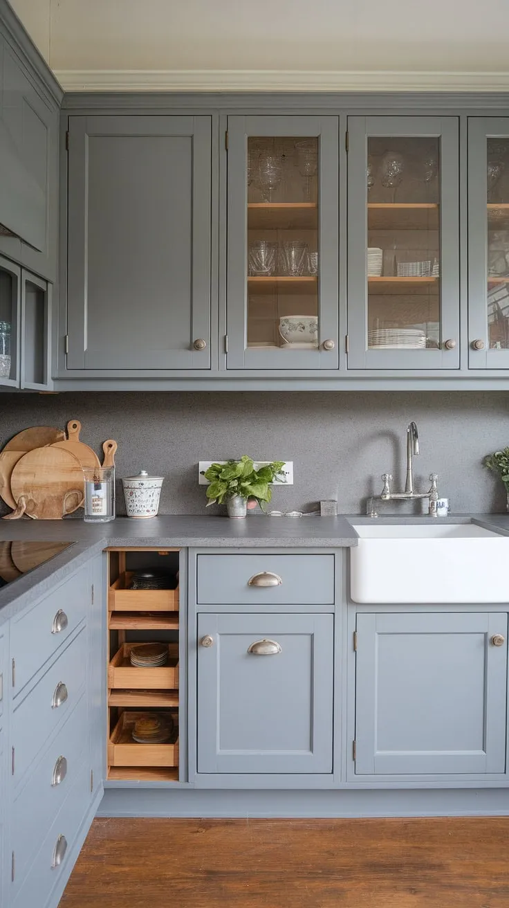 This modern grey kitchen seamlessly blends farmhouse charm with contemporary chic.  The grey kitchen design, featuring stylish farmhouse kitchen cabinets and a chic dresser, is complemented by a sleek grey countertop and backsplash.  The thoughtful desain pantry and kabinet dapur choices create a functional and beautiful space. This model dapur showcases the perfect balance of form and function, a true masterpiece of hiasan dalaman dapur.