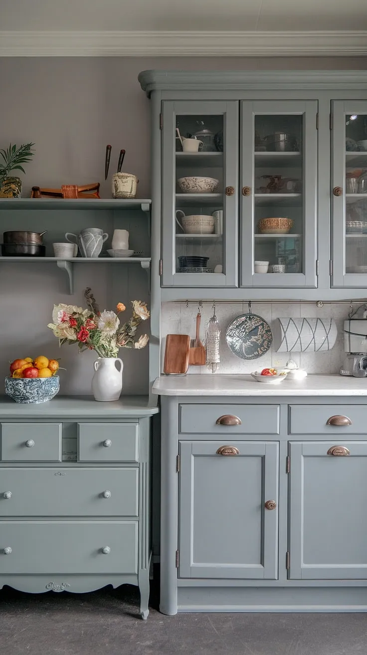 A stunning example of grey kitchen designs, this space effortlessly combines modern and farmhouse aesthetics. The grey colour scheme is beautifully accented by the chic dresser and thoughtfully chosen hiasan dalaman dapur.  The dapur moden is both stylish and practical, while the model dapur provides inspiration for future kitchen projects.  The farmhouse kitchen cabinets and well-planned desain pantry complete this dream kitchen, a testament to the power of thoughtful kabinet dapur choices.