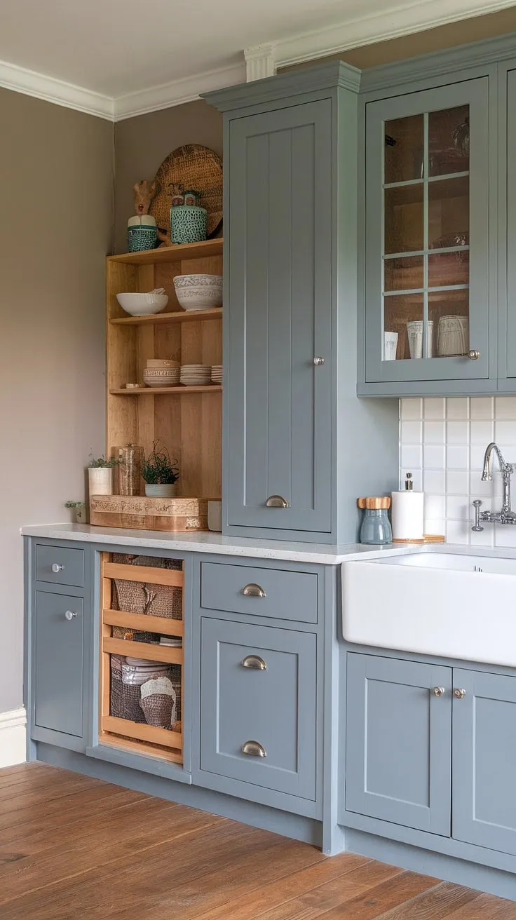 This grey kitchen boasts a harmonious blend of modern and farmhouse styles.  The chic dresser and built-in pantry, cleverly integrated into the farmhouse kitchen cabinets, offer both style and practicality.  This dapur moden showcases elegant grey kitchen designs and a thoughtful hiasan dalaman dapur, making it the perfect model dapur. The desain pantry is a highlight, complementing the overall aesthetic.