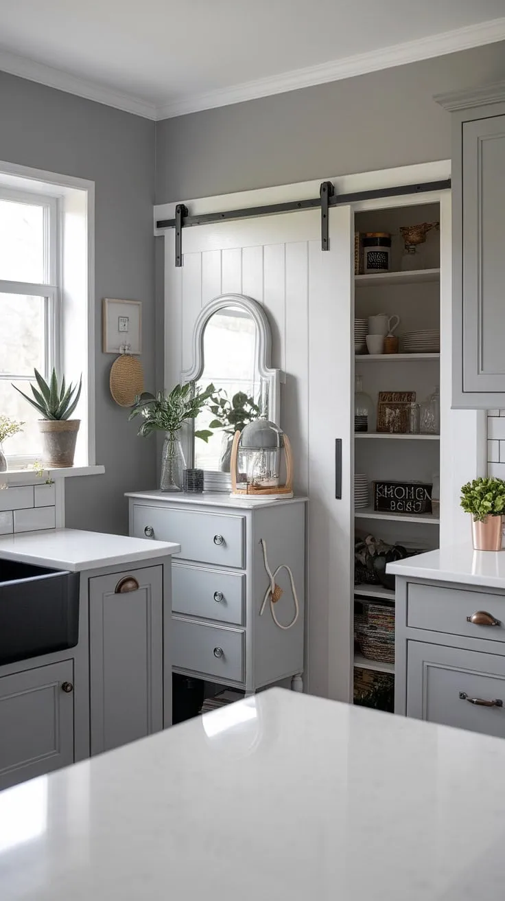 This grey kitchen effortlessly blends modern farmhouse charm with sleek contemporary design.  The chic dresser adds a touch of unexpected elegance, while the thoughtful desain pantry and stylish kabinet dapur showcase meticulous attention to detail.  This model dapur is a testament to the beauty of grey kitchen designs and the artistry of hiasan dalaman dapur.