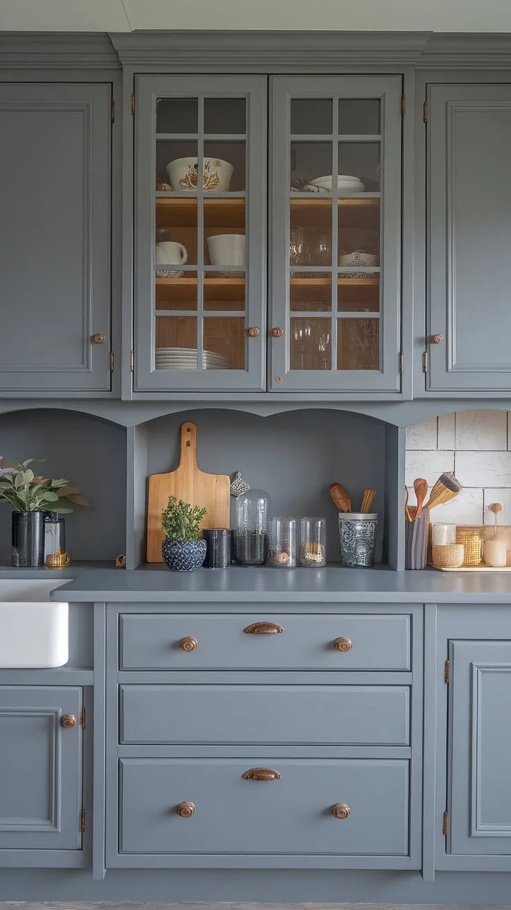 This grey kitchen seamlessly blends modern and farmhouse styles.  The chic dresser-style farmhouse kitchen cabinets, complemented by a sophisticated  hiasan dalaman dapur design and a sleek dapur moden, create a truly captivating space. The thoughtful model dapur design and seraya kitchen design elements, along with the stunning grey kitchen designs and  desain pantry, showcase the beauty of a well-planned kabinet dapur.