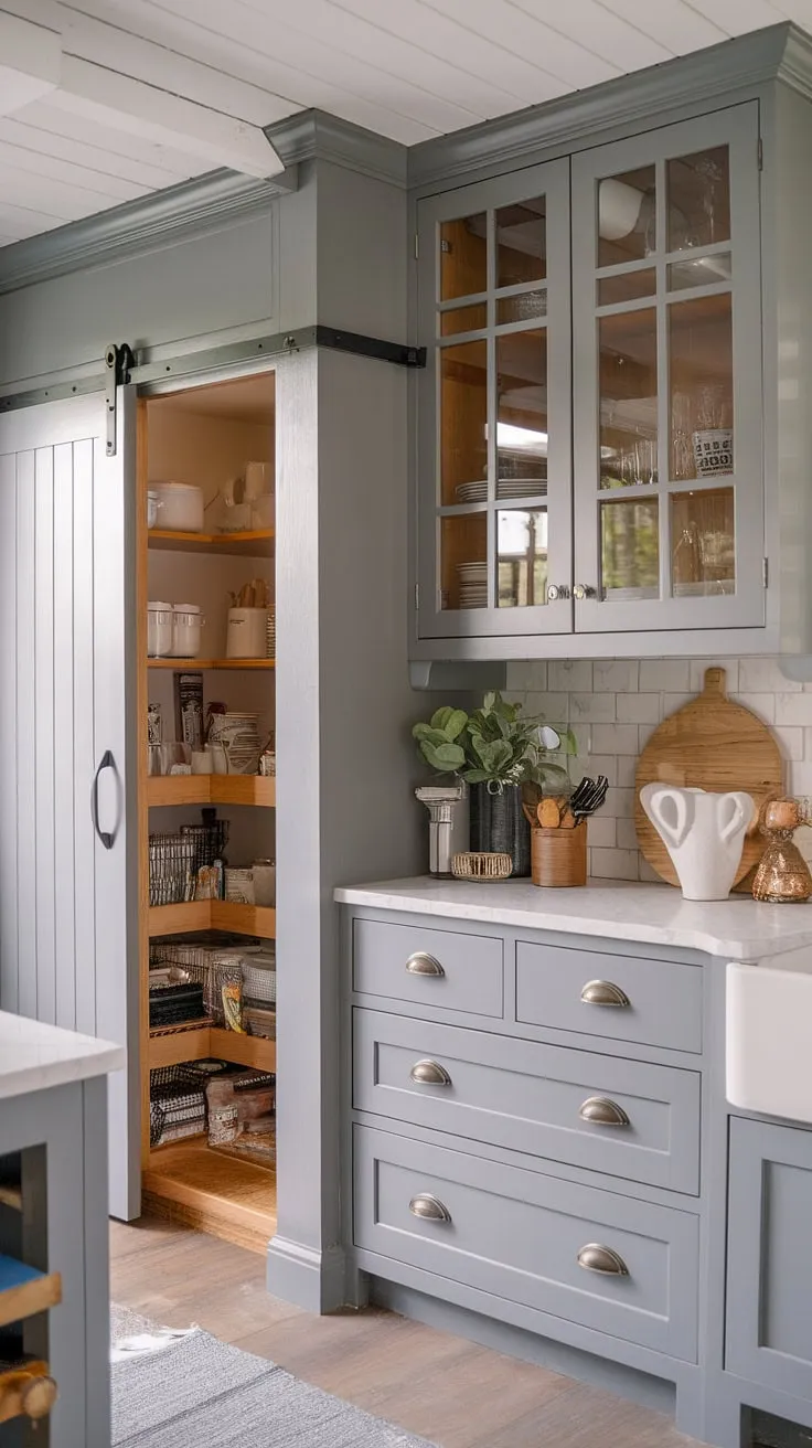 This model dapur showcases the perfect blend of modern and farmhouse style.  The grey kitchen, featuring sleek grey kitchen designs and stylish farmhouse kitchen cabinets, is complemented by a chic dresser and clever desain pantry with a sliding door.  The hiasan dalaman dapur is truly captivating.