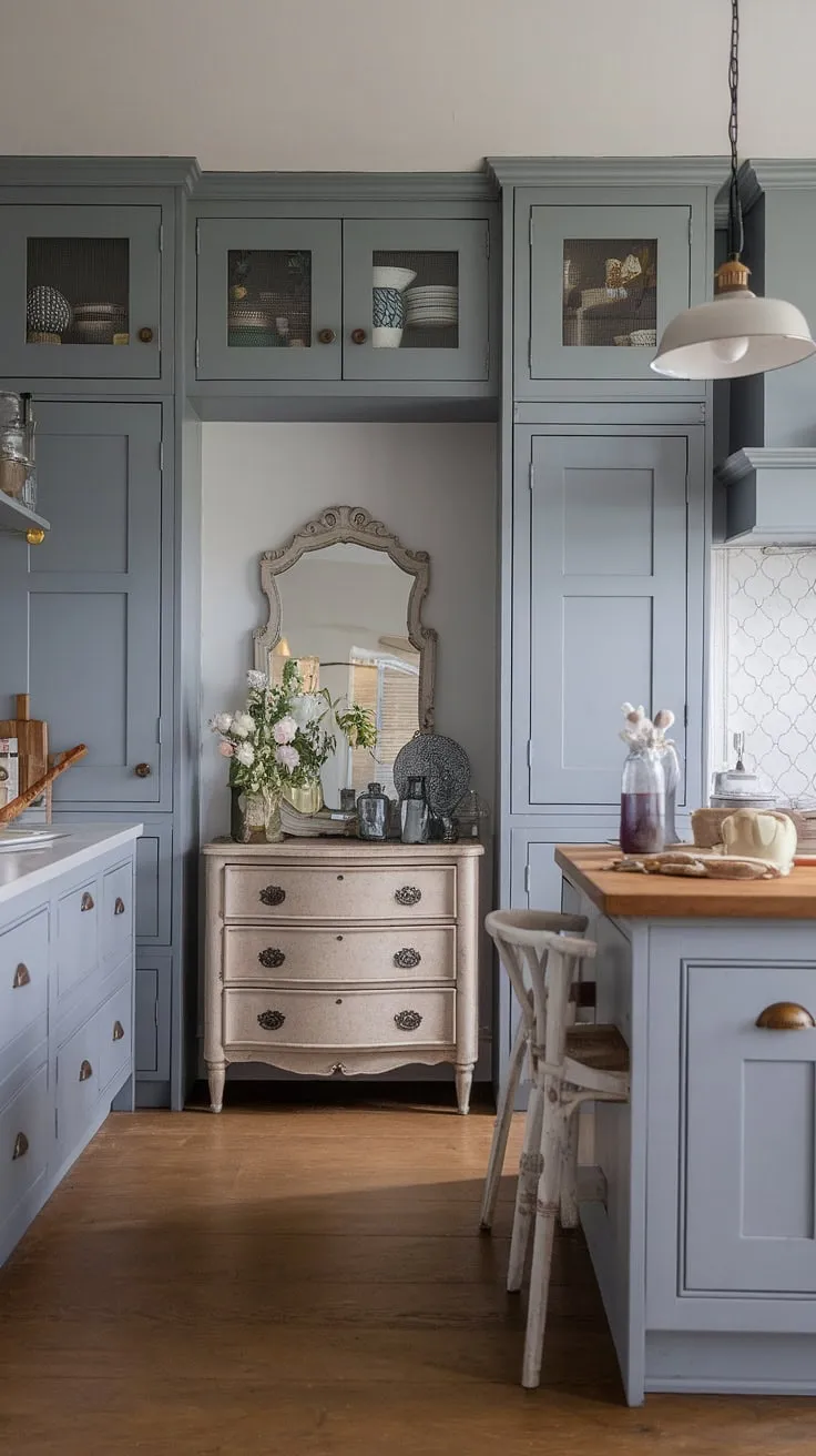 A sophisticated grey kitchen, featuring farmhouse kitchen cabinets and a chic dresser, offers a stunning example of grey kitchen designs. The modern dapur, complemented by the hiasan dalaman dapur, creates a functional and aesthetically pleasing space.  The model dapur serves as a miniature representation of the overall design, while the warm wood floors and pendant lighting add to the inviting atmosphere.  The thoughtful desain pantry completes this beautiful kitchen.