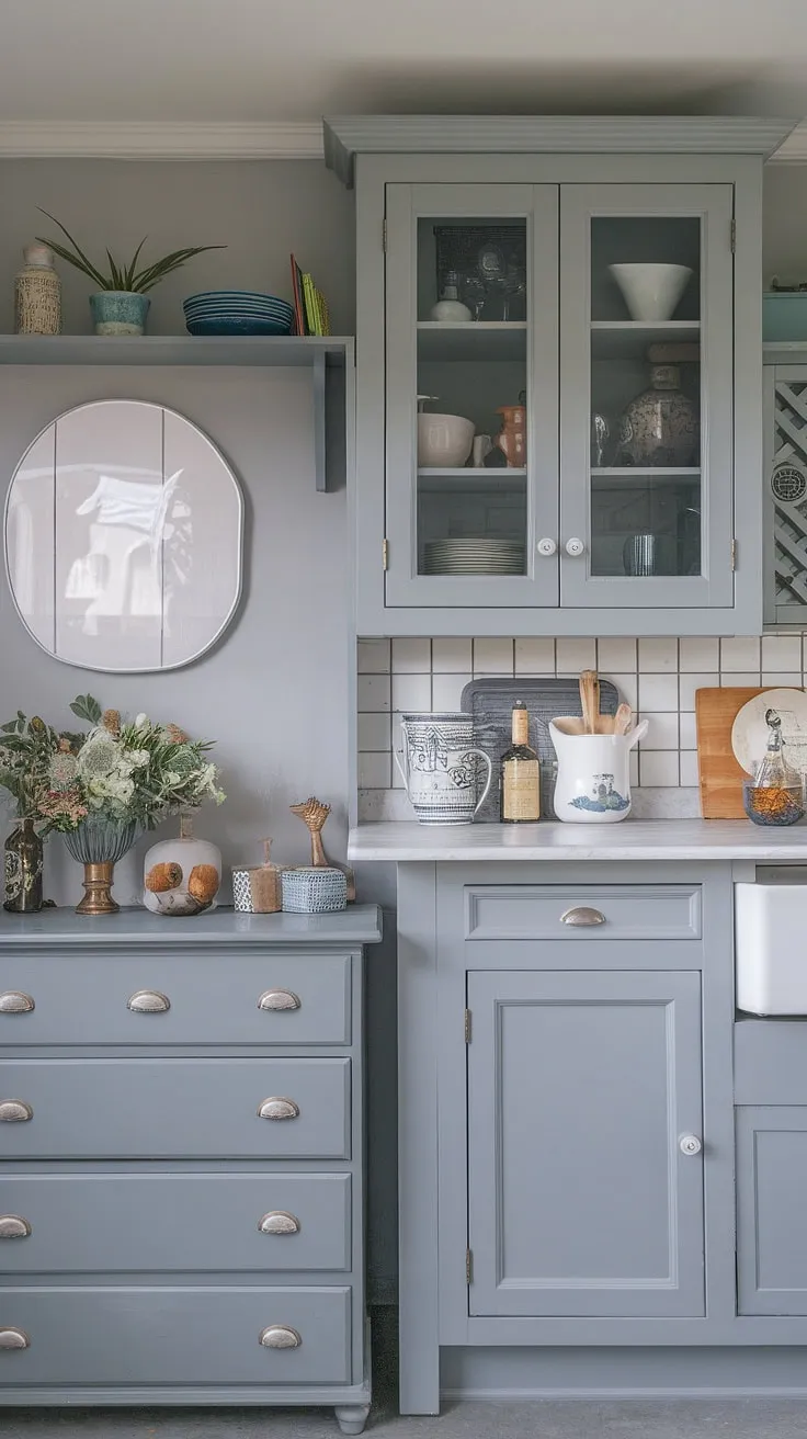 Serene spaciousness meets chic style in this grey kitchen.  The farmhouse kitchen cabinets and chic dresser complement the modern design, creating a harmonious blend of rustic charm and contemporary elegance.  The  hiasan dalaman dapur is thoughtfully curated, showcasing the best of dapur moden aesthetics.  A glimpse of the model dapur in the background hints at further design possibilities within this stunning grey kitchen designs and desain pantry. The kabinet dapur are the perfect finishing touch.