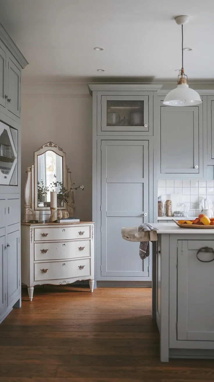 This grey kitchen boasts a stunning blend of modern and farmhouse styles.  The chic dresser adds a touch of elegance, complementing the sleek lines of the dapur moden and the rustic charm of the farmhouse kitchen cabinets.  The grey kitchen designs are perfectly executed, showcasing a sophisticated hiasan dalaman dapur.  The model dapur is a testament to thoughtful desain pantry and clever kabinet dapur choices.