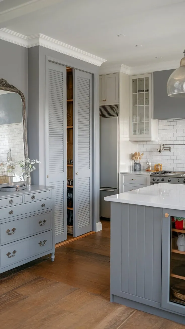 A dream grey kitchen realised!  This model dapur boasts a stunning combination of modern and farmhouse styles.  Note the clever desain pantry with sliding doors, the chic dresser adding a touch of elegance, and the beautiful grey kitchen designs.  The kabinet dapur, a mix of white and grey, perfectly complements the overall aesthetic, creating a space that's both functional and visually captivating.  The warm wood floor adds a touch of rustic charm to this stunning hiasan dalaman dapur.