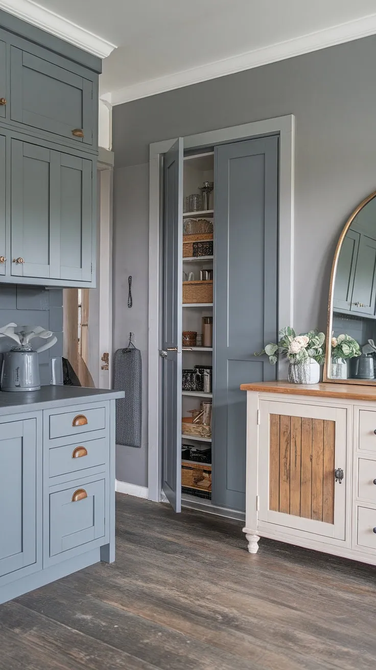 This grey kitchen seamlessly blends modern and farmhouse styles.  The chic dresser adds a touch of unexpected elegance, while the farmhouse kitchen cabinets and modern pantry offer both practicality and design flair.  The grey kitchen designs are complemented by the warm wood flooring, creating a sophisticated and inviting dapur moden.  This model dapur showcases the perfect balance of hiasan dalaman dapur, from the thoughtful desain pantry to the carefully chosen kabinet dapur.