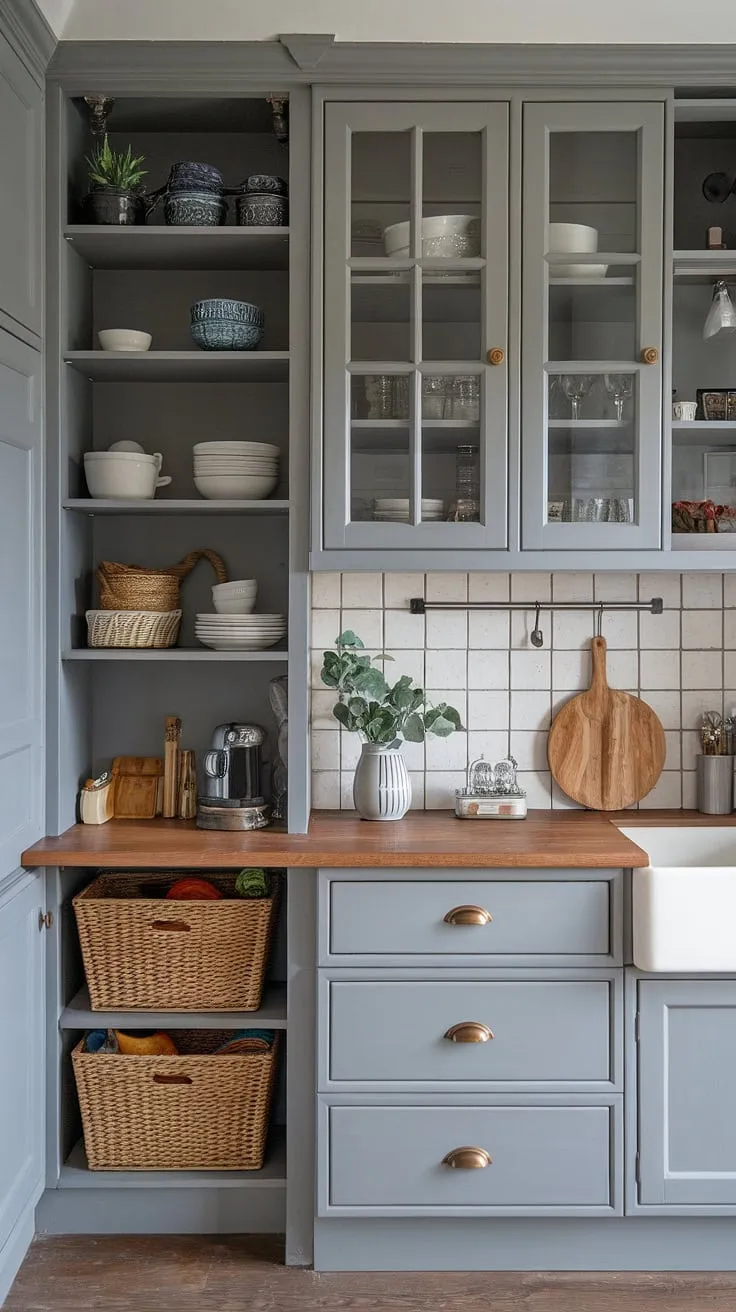 This grey kitchen's modern farmhouse style is effortlessly chic.  The grey kitchen designs are complemented perfectly by the stylish dresser and thoughtful desain pantry, showcasing the beauty of  kabinet dapur and a model dapur that's both functional and aesthetically pleasing.  The hiasan dalaman dapur is a masterclass in understated elegance.