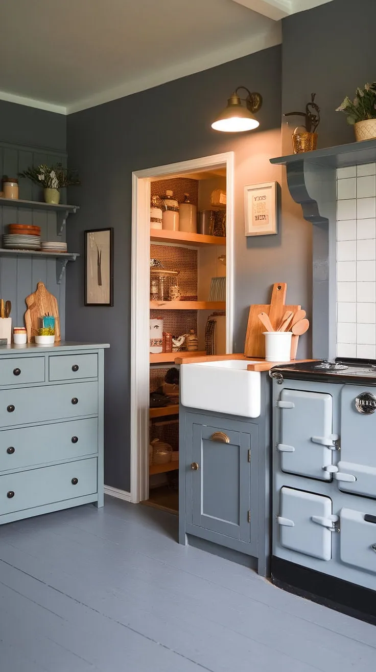A captivating grey kitchen, showcasing the perfect balance of modern dapur moden and rustic farmhouse kitchen cabinets. The chic dresser and clever desain pantry add character, while the grey kitchen's overall aesthetic remains effortlessly chic.  This is grey kitchen designs elevated.