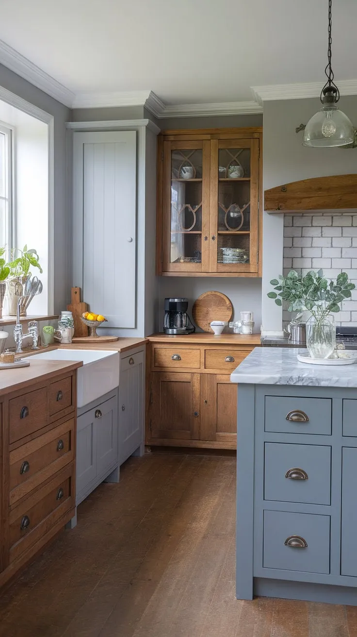 This grey kitchen's modern design seamlessly blends farmhouse charm with contemporary elegance.  The light grey walls and farmhouse kitchen cabinets create a calming atmosphere, complemented by the chic dresser and grey island with its marble countertop.  This model dapur showcases a sophisticated desain pantry and inspiring hiasan dalaman dapur, proving that grey kitchen designs can be both stylish and functional. The kabinet dapur are the perfect finishing touch.