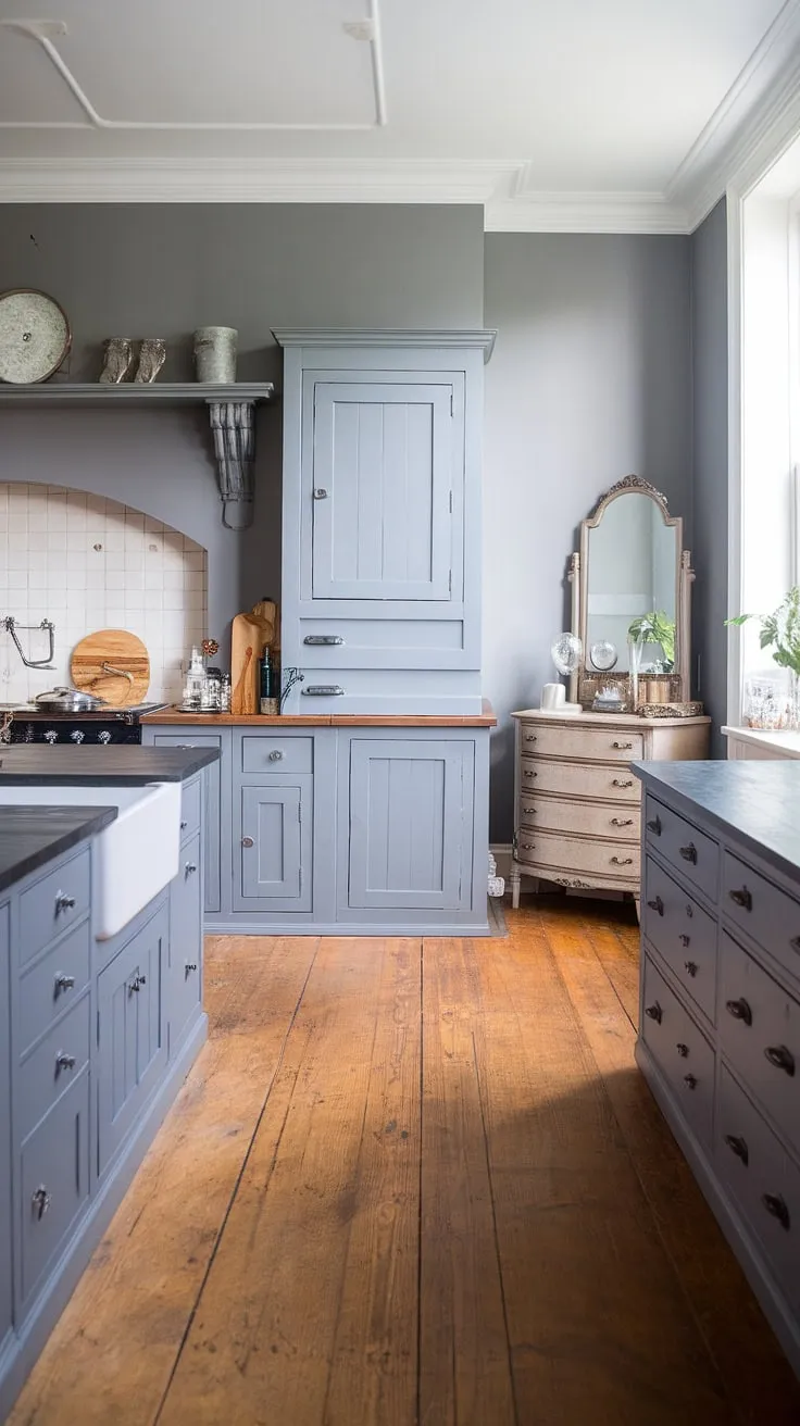 This grey kitchen seamlessly blends modern design with rustic charm.  The farmhouse kitchen cabinets and chic dresser create a warm, inviting atmosphere, while the dark grey countertops and sleek appliances maintain a contemporary feel.  This model dapur showcases the perfect balance of hiasan dalaman dapur and dapur moden, offering a stunning desain pantry and inspiring grey kitchen designs. The kabinet dapur are the perfect finishing touch.