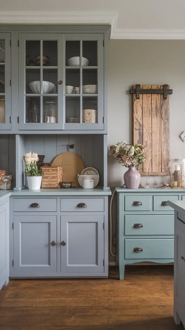 This grey kitchen's rustic charm is undeniable.  The farmhouse kitchen cabinets and chic dresser, complemented by the thoughtful hiasan dalaman dapur, create a modern yet cozy dapur moden.  The grey kitchen designs are perfectly executed, showcasing a stunning model dapur and clever desain pantry solutions within the kabinet dapur.  The wood flooring adds warmth to this beautiful space.