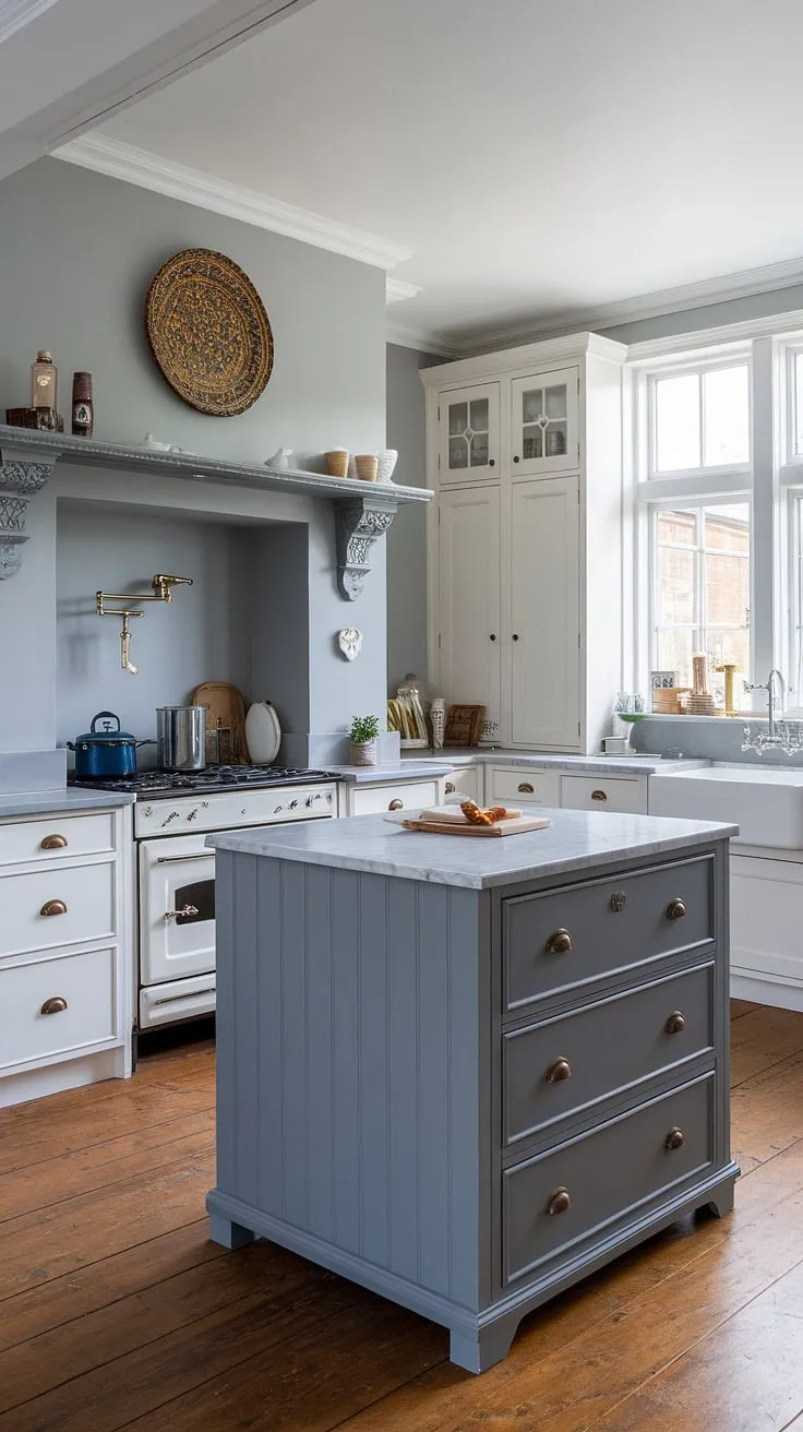 A dream grey kitchen realized!  This space perfectly balances modern functionality with rustic farmhouse appeal.  The white farmhouse kitchen cabinets and grey island, topped with marble, are simply breathtaking.  Clever use of hiasan dalaman dapur above the sink and stove adds personality, while the chic dresser provides unexpected storage.  This model dapur is a masterclass in grey kitchen designs, offering a beautiful example of desain pantry and kabinet dapur.
