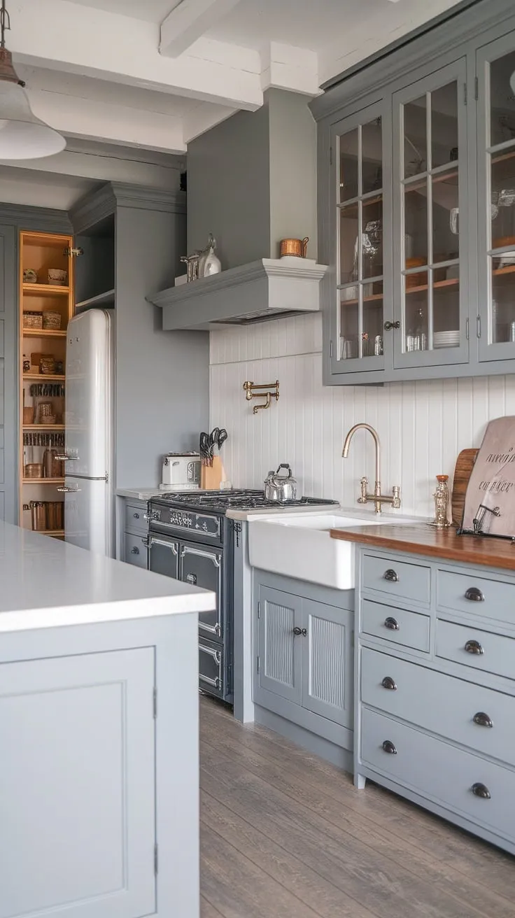 This grey kitchen seamlessly blends modern and farmhouse styles.  The chic dresser adds a touch of unexpected elegance, while the modern pantry and grey kitchen designs offer both practicality and style.  The farmhouse kitchen cabinets and thoughtful hiasan dalaman dapur create a truly captivating model dapur.  The desain pantry complements the overall aesthetic perfectly.