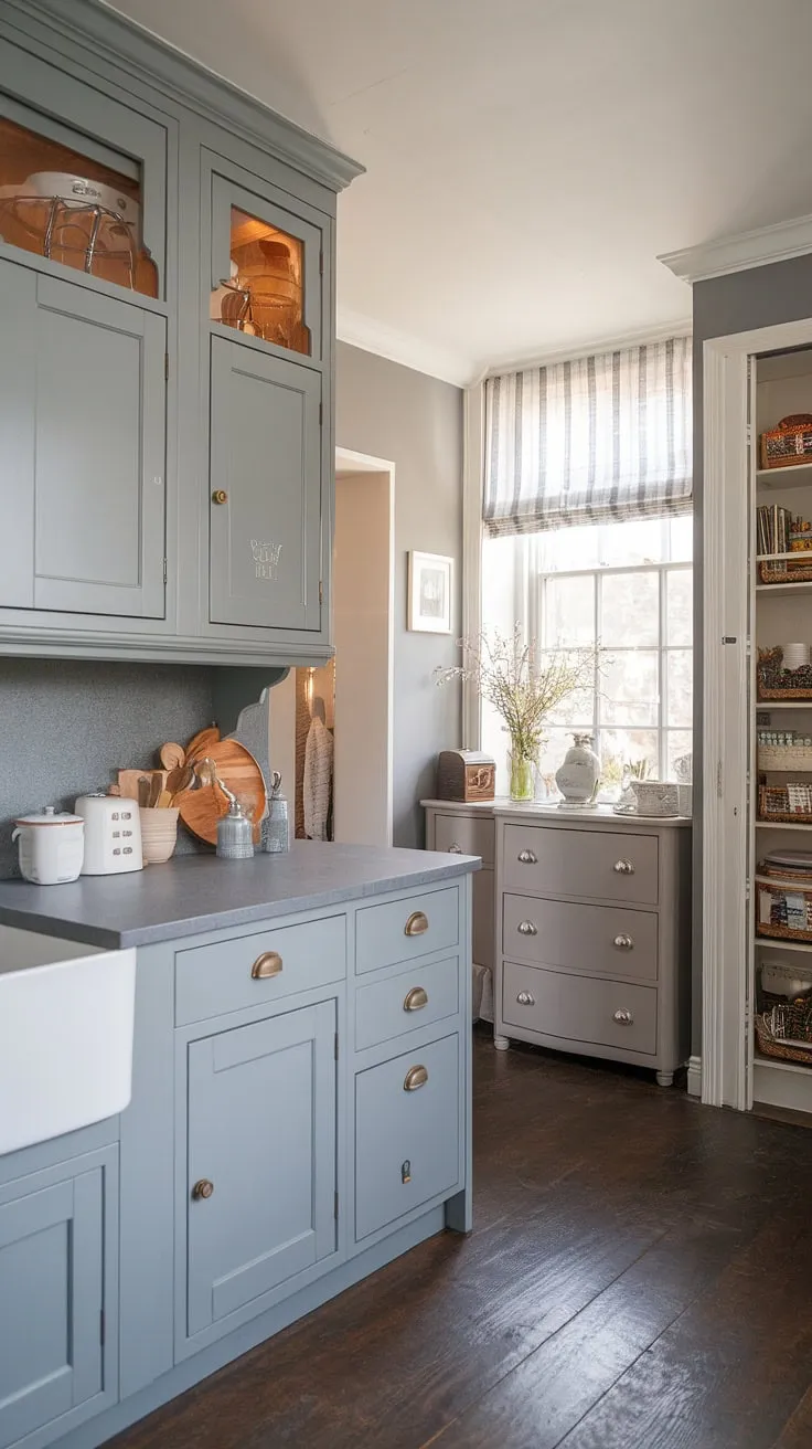 Sophisticated serenity in this grey kitchen.  The farmhouse-style cabinets, chic dresser, and clever desain pantry create a modern, yet inviting space.  This model dapur showcases the beauty of grey kitchen designs and the functionality of well-designed kabinet dapur.  The dark wood floor complements the hiasan dalaman dapur perfectly.