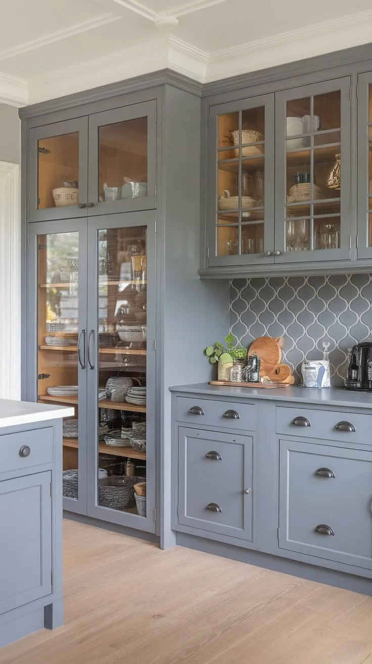 A sophisticated grey kitchen design featuring farmhouse kitchen cabinets and a chic dresser.  The grey backsplash and light wood floors create a calming and stylish space.  This model dapur is a perfect example of modern design with a touch of rustic charm.  The thoughtful hiasan dalaman dapur and clever desain pantry showcase the beauty of grey kitchen designs and highlight the functionality of the kabinet dapur.  This is truly inspiring  .
